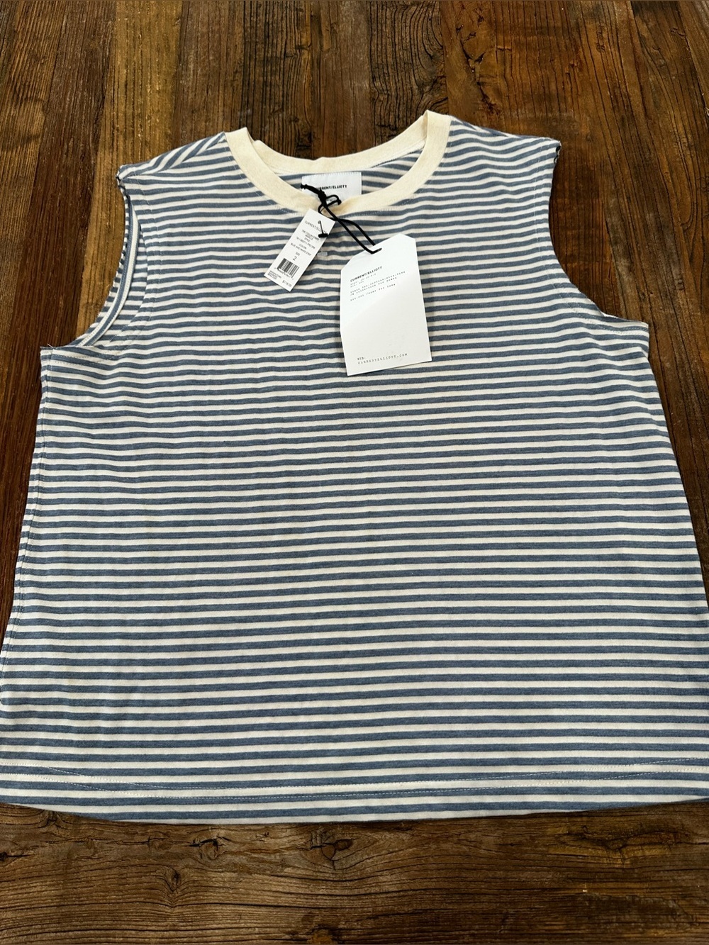 Current/Elliott Blue and White Striped Sleeveless Tank with Cream Trim